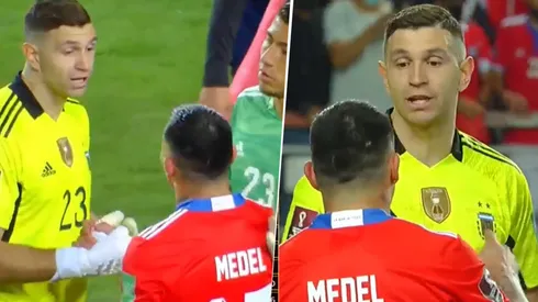 Dibu Martínez se quedó hablando con Gary Medel.