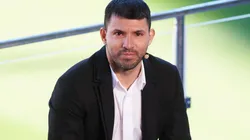 Kun Agüero durante la conferencia de prensa en la que anunció su retiro del fútbol.