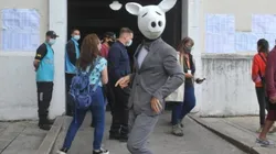 Un hombre vestido de traje gris y con una máscara de chancho blanco se presentó como una nueva fuerza para ingresar al Congreso.