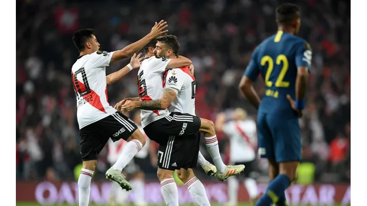 El festejo de River contra Boca en Madrid.