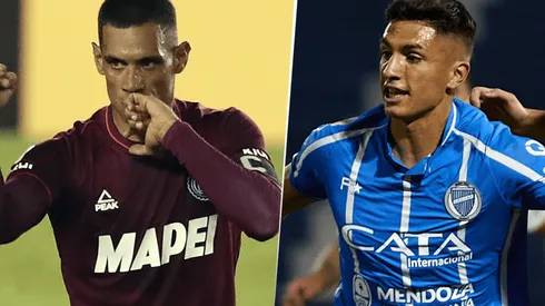 Lanús, con José Sand, y Godoy Cruz, con Ezequiel Bullaude, se enfrentarán por la Liga Profesional. (Fotos: Getty Images).
