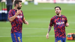 Piqué y Messi en un entrenamiento de Barcelona.