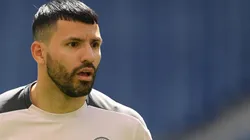 Sergio Agüero durante un calentamiento con Manchester City.