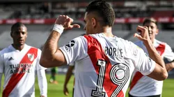 El festejo de Rafael Santos Borré en el 2-1.