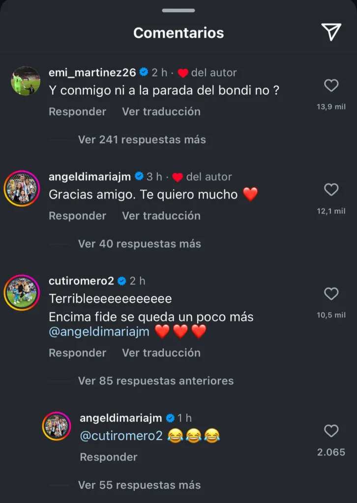 Los comentarios de los futbolistas de la Selección en la publicación de Licha Martínez (Instagram @lisandromartinezzz).