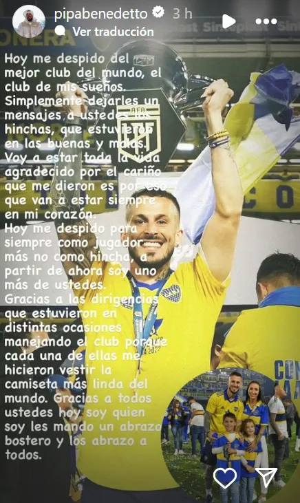 El posteo de Benedetto en Instagram.