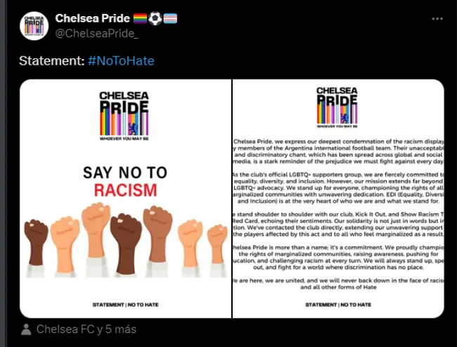 El grupo Chelsea Pride etiquetó a varias organizaciones en su comunicado. También al club.