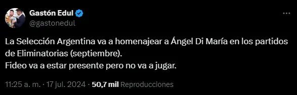 El homenaje que prepara la Selección para Di María (X @gastonedul).