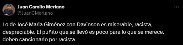 Piden sanción para Giménez por el acto contra Davinson Sánchez (X @JuanCMerlano)