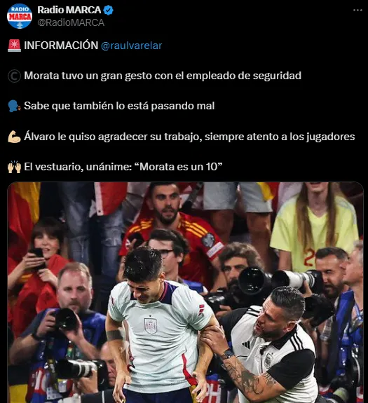 Se conoció lo que hizo Morata tras el incidente con el guardia de seguridad (X @RadioMARCA).