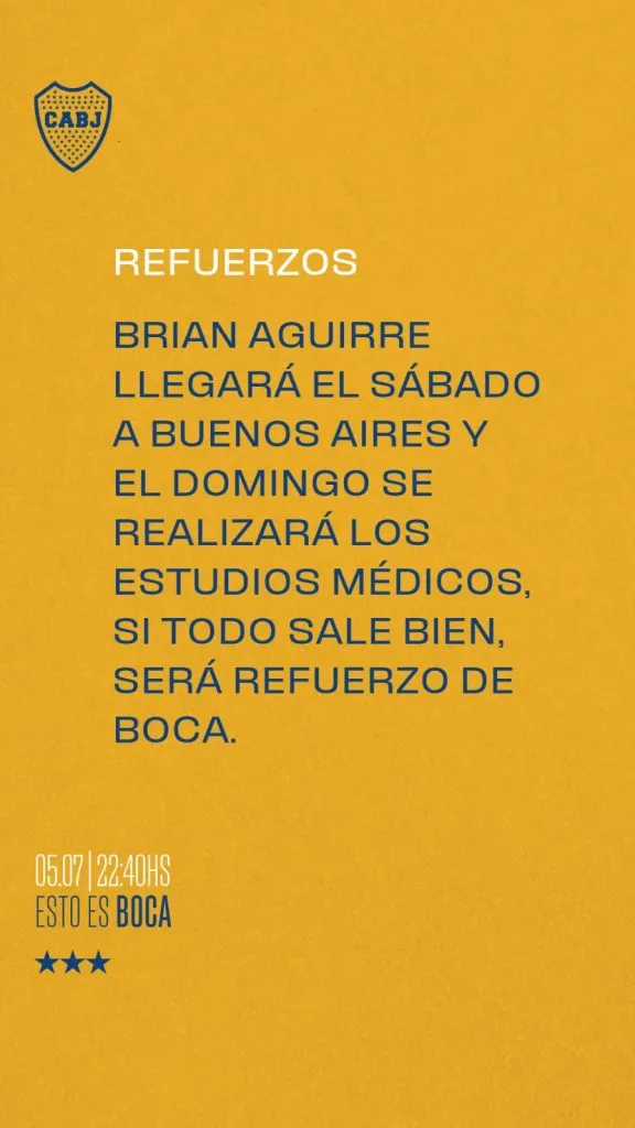 Boca anunció la contratación de Brian Aguirre.