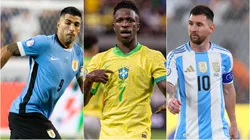 Luis Suárez, Vinicius Jr y Messi, tres que quieren sumar goles durante la Copa América 2024.