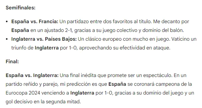 La predicción de la IA para semifinales y final de la Eurocopa 2024 (Gemini).