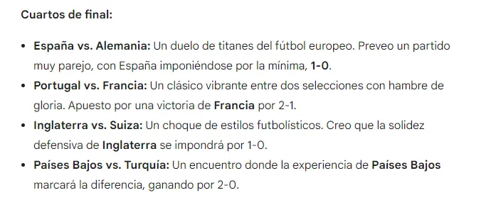 Lo que predijo la IA sobre los cuartos de final de la Eurocopa (Gemini).