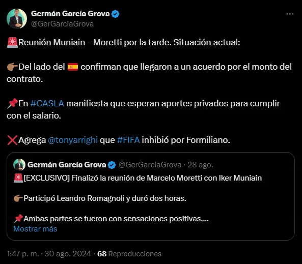 La situación de Muniain y San Lorenzo a estas hoars (X @GerGarciaGrova).
