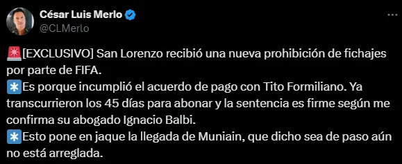 La inhibición que recibió San Lorenzo complica la llegada de Muniain (X @CLMerlo).