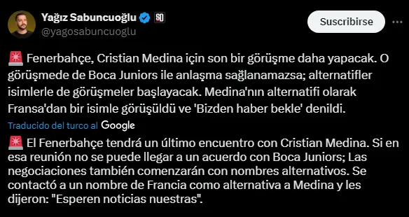 La decisión de Fenerbahce ante la postura de Boca por Cristian Medina (X @yagosabuncuoglu).