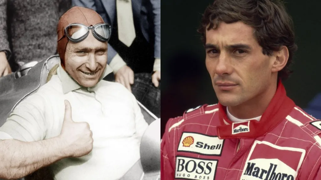 Juan Manuel Fangio y Ayrton Senna. (IMAGO / Bridgeman Images – IMAGO / Crash Media Group).