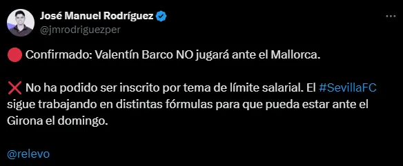 Valentín Barco no fue inscrito y no juega ante Mallorca (X @jmrodriguezper).