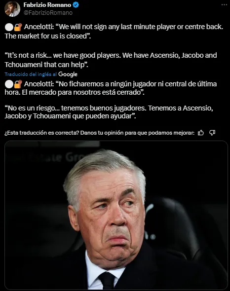 Ancelotti confirmó que no habrá más fichajes en este mercado (X @FabrizioRomano).