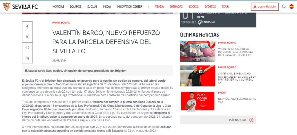 El comunicado oficial por la cesión del Colo Barco (Oficial Sevilla FC).