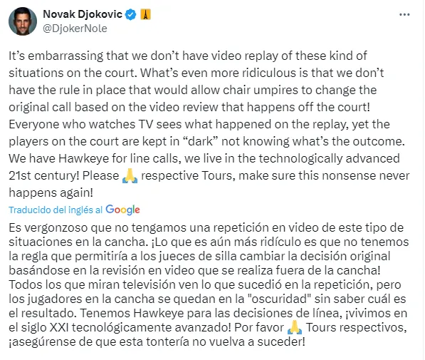 Posteo de Novak Djokovic.