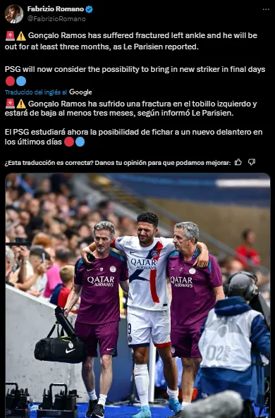 Fabrizio Romano confirma que PSG va por un delantero ante la lesión de Ramos (X @FabrizioRomano).