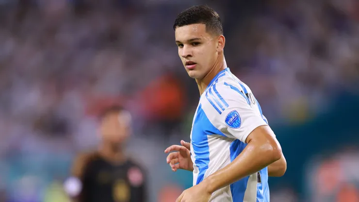 MIAMI GARDENS, FLORIDA - JUNE 29: Valentin Carboni of Argentina looks on during the CONMEBOL Copa America 2024 Group A match between Argentina and Peru at Hard Rock Stadium on June 29, 2024 in Miami Gardens, Florida. (Photo by Hector Vivas/Getty Images)