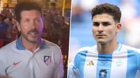 Un grupo de hinchas del Atlético de Madrid le pidió a Diego Simeone por Julián Álvarez.