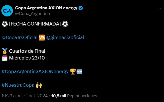 Se confirmó cuándo juega Boca ante Gimnasia (X @Copa_Argentina).