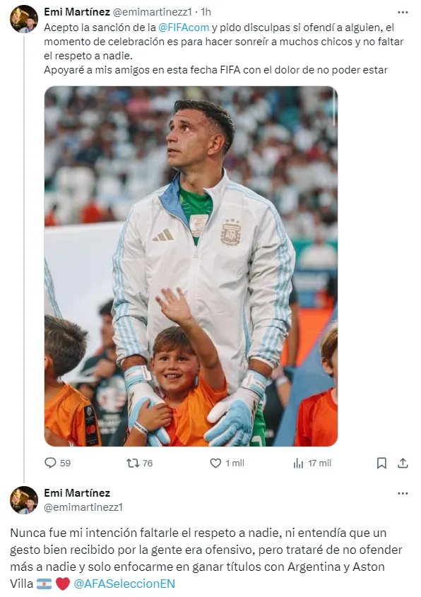 El mensaje del Dibu Martínez por su sanción.