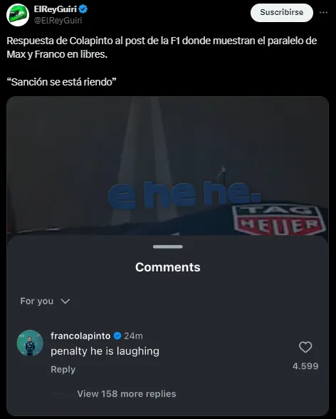 La respuesta de Franco Colapinto, con guiño a Verstappen (Instagram @f1).