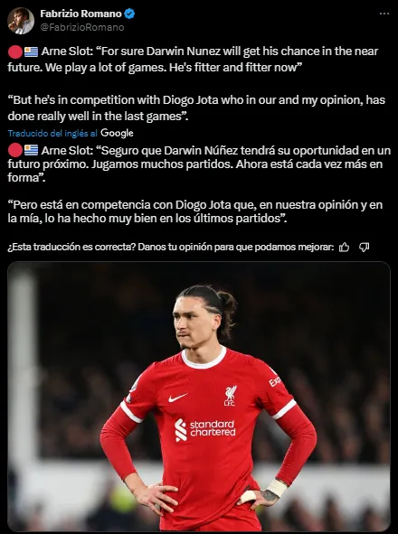 Arne Slot, sobre Darwin Núñez (X @FabrizioRomano).