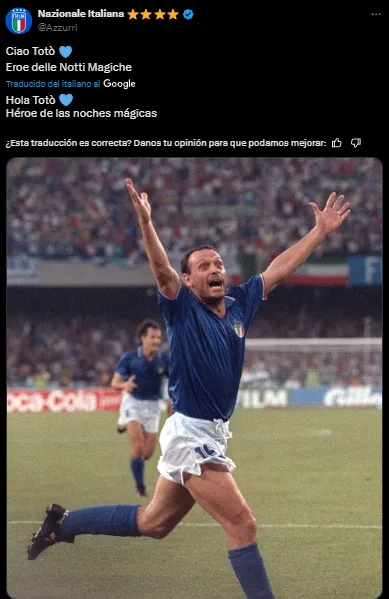 La despedida de la selección italiana de ‘Totó’ Schillaci (X @Azzurri).