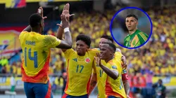 Jhon Durán, en el festejo de gol de Colombia con Mojica, Arias y James Rodríguez, contra Dibu Martínez.