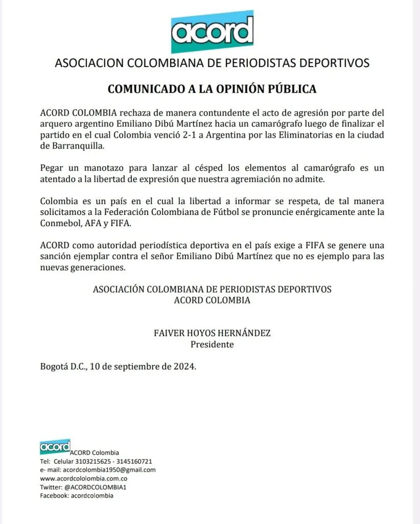 El comunicado de ACORD en contra de Emiliano Martínez.