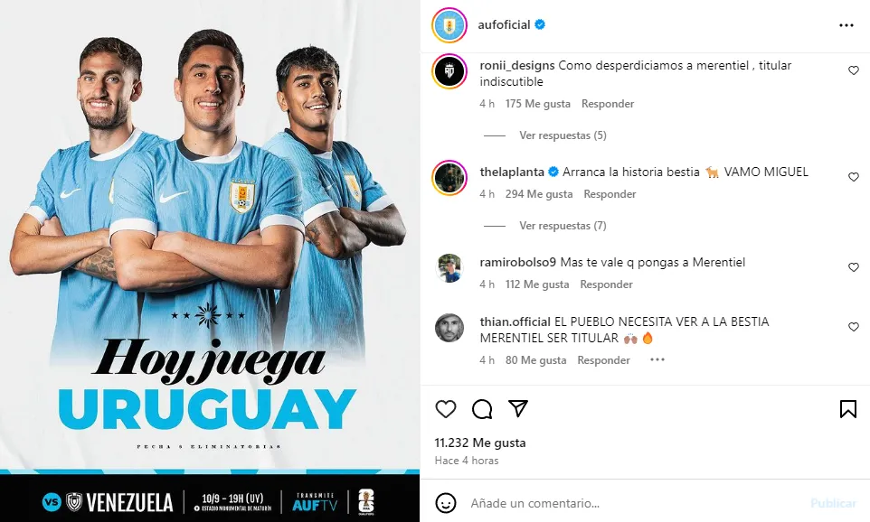 La AUF y el posteo que involucró a Merentiel (Instagram @aufoficial).