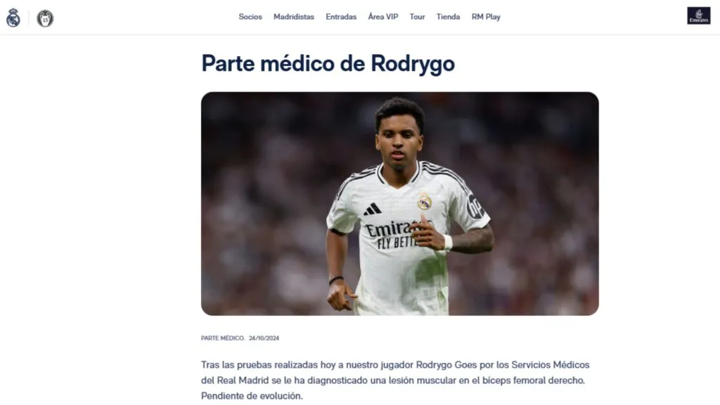 El parte médico de Rodrygo (Oficial Real Madrid).