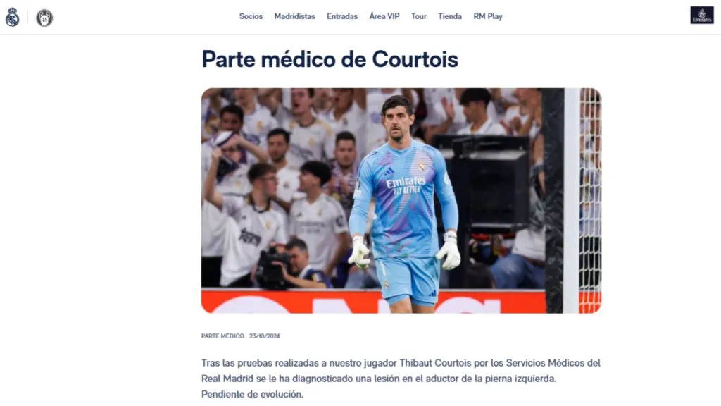 El parte médico de Real Madrid con la lesión de Courtois (Oficial).