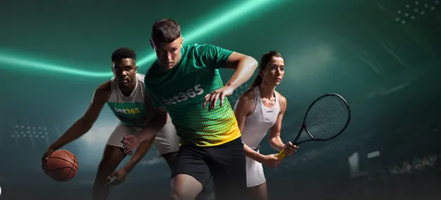 Deportistas de basquetbol, tenis y fútbol, representando los bet365 tipos de apuestas