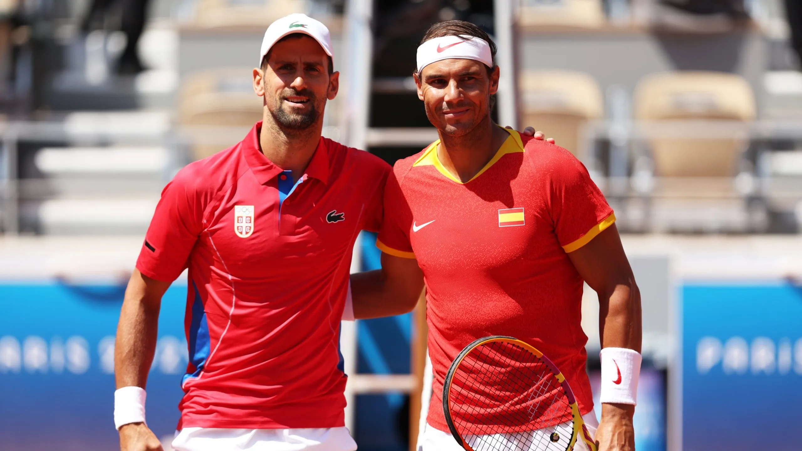 PARIS, FRANCE – JULY 29: Novak Djokovic of Team Serbia (L) and Rafael Nadal of Team Spain pose for a photo ahead of the Men’s Singles second round match on day three of the Olympic Games Paris 2024 at Roland Garros on July 29, 2024 in Paris, France. (Photo by Clive Brunskill/Getty Images)