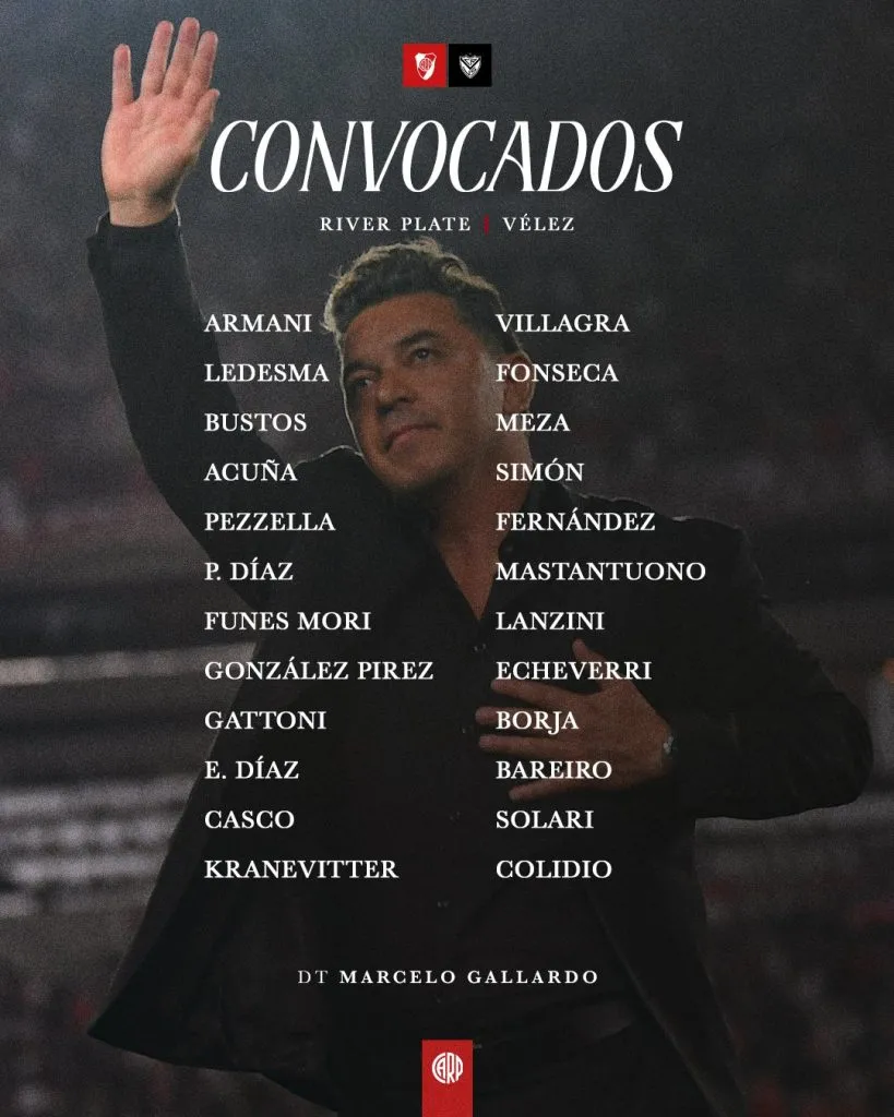 Los convocados de River para recibir a Vélez.