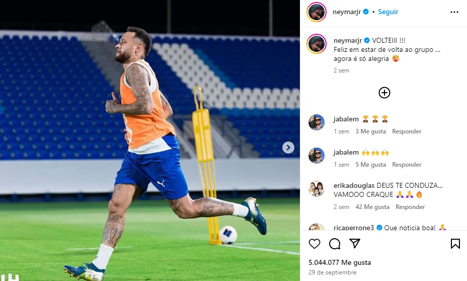 Neymar se está entrenando con el plantel de Al Hilal desde el 29 de septiembre (Instagram @neymarjr).