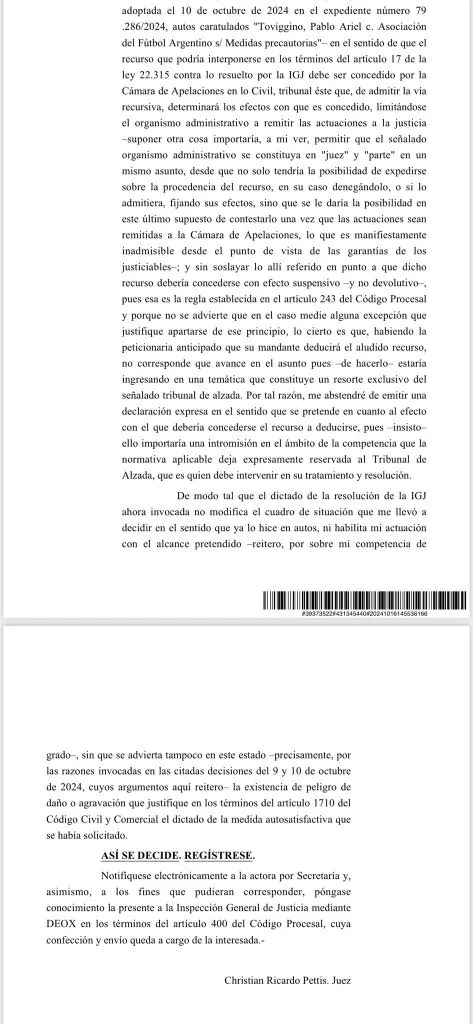 La resolución del Juzgado Civil 66 (X @FinoYossen)