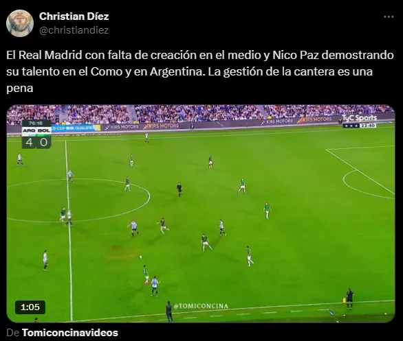 Critican al Madrid por no tener un jugador de creación como Nico Paz (X @christiandiez).