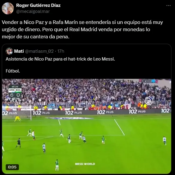 Cuestionan la venta de Nico Paz (X @mecaigoalmar)