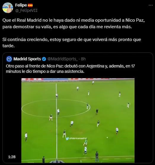 Las críticas al Real Madrid por dejar ir a Nico Paz (X @_FelipeVII).