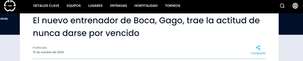 Portada de FIFA.com con el arribo de Gago a Boca