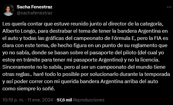 Sacha Fenestraz, sobre por qué no puede correr con la bandera argentina (X @sachafenestraz).