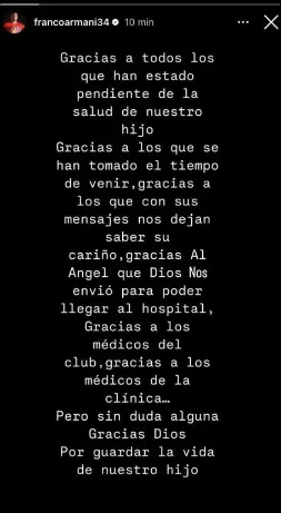 El mensaje de agradecimiento de Franco Armani (Instagram @francoarmani34).